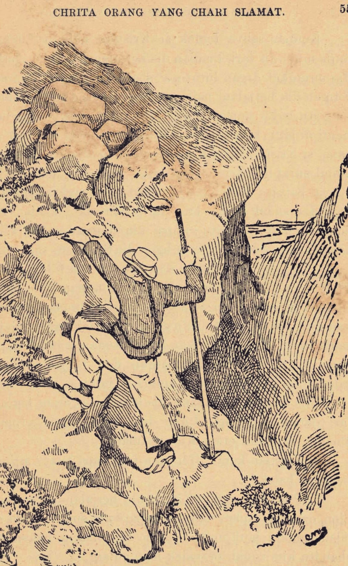 Hill of Difficulty. Image reproduced from Bunyan, J. (1905). Chrita orang yang chari slamat, p. 55. All rights reserved, American Mission Press, 1905.